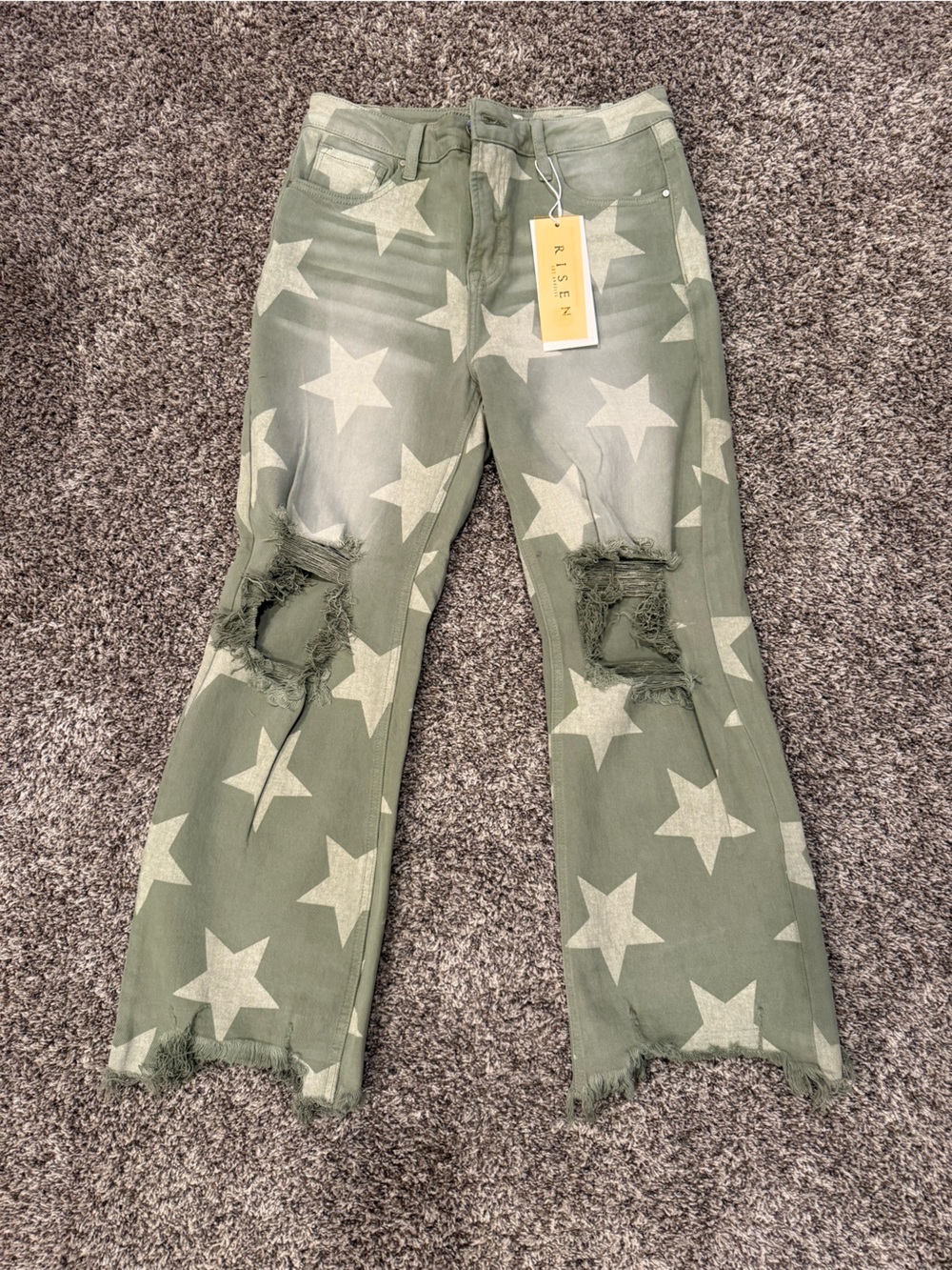 NWT Risen Olive Star Distressed Skinny Jeans Women’s Sz 9 Raw Hem Stretch Denim